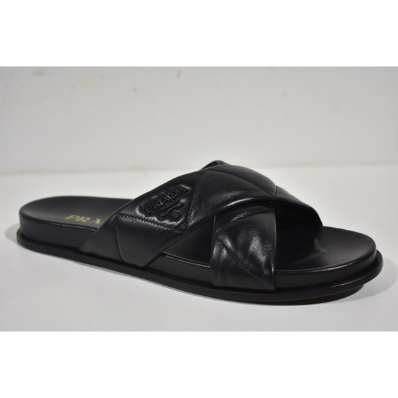 Prada Quilted Criss Cross Strap Black Leather Logo Slide Sandal Mule Flat 39.5 - Picture 4 of 12